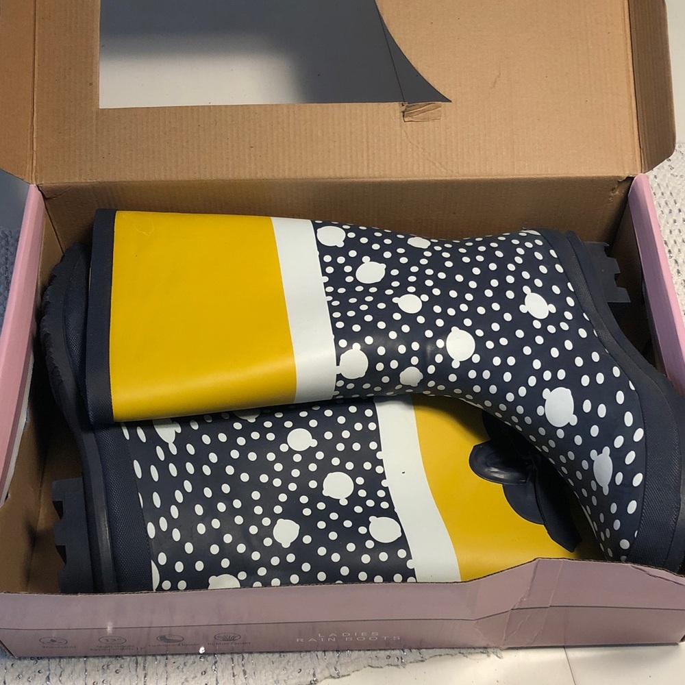 Serra Yellow & Navy blue Polka Dot Ladies' Rain rubber Boots - Picture 3 of 14